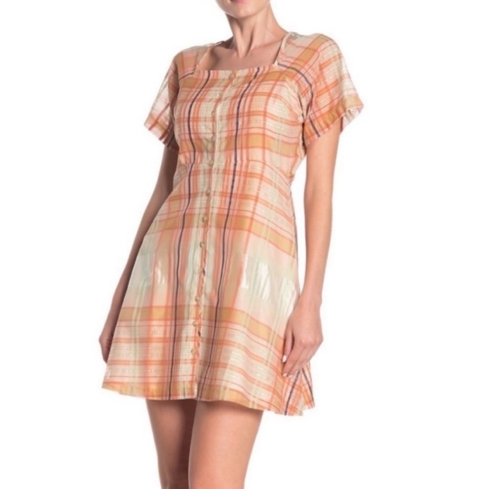 Madewell Mini Dress Orange Cream 12 Silk Blend Shimmer Plaid Party Vacation